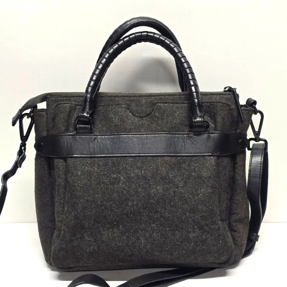 Elliott Lucca Black Gray Wool Black Leather Trim Satchel Shoulder Crossbody Bag